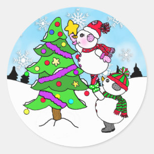 Snowman Couple putting Star on Christmas Tree Classic Round Sticker