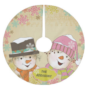 Snowman Couple Retro Snowflake Holidays Tree Skirt