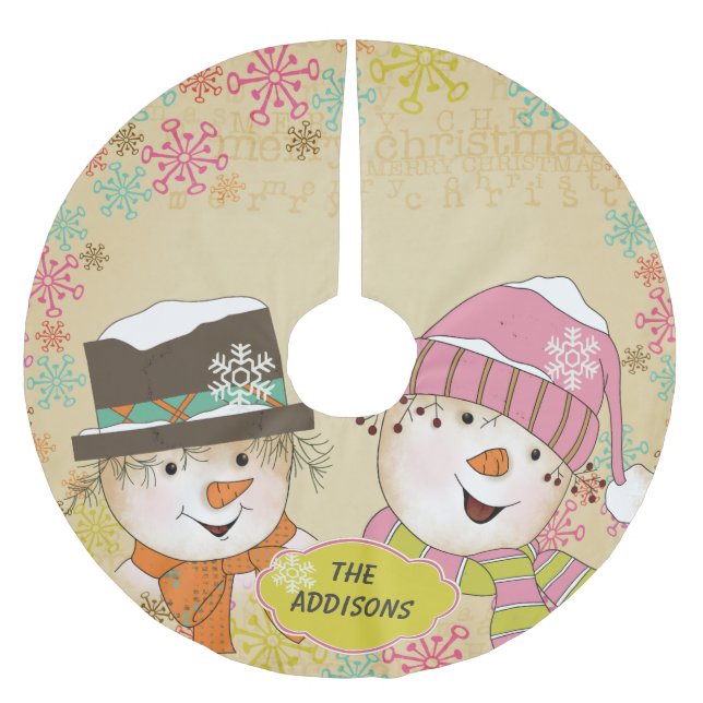 Snowman Couple Retro Snowflake Holidays Tree Skirt (Front)
