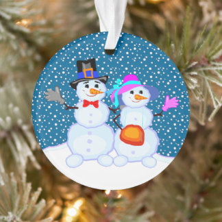 Snowman Couple Waving In Falling Snow Ornament