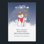 Snowman Cowboy Christmas Holiday Card<br><div class="desc">An adorable snowman dressed up in western attire and holding a broom. The card is easy to customize with your wording, font, font colour, paper shape options and choice of six paper types. White envelopes included. Nervous about designing and ordering your card online? No need to worry. Just order 1...</div>