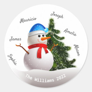 Snowman de Noël avec nom de famille Sticker rond
