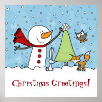 Snowman Decorates Tree with Woodland Creatures