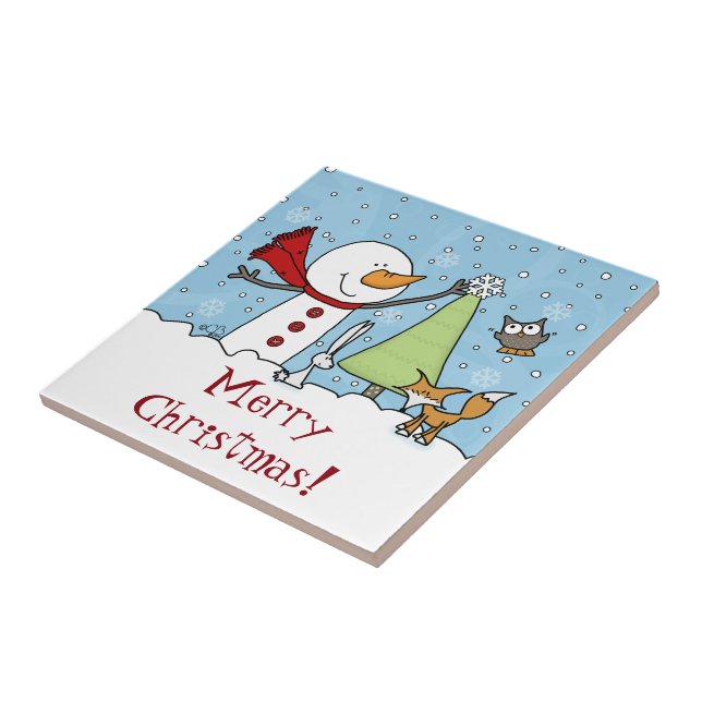 Snowman Decorates Tree with Woodland Creatures Tile (Side)