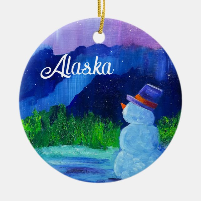 Snowman Dreams Ceramic Ornament with ALASKA (Front)