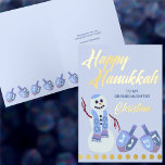 Snowman Dreidels Blue Childs Name Hanukkah Gold Foil Greeting Card<br><div class="desc">These cute add a name Happy Hanukkah greeting cards can be customized by you for your granddaughter, grandson, niece, nephew or other family designation. Printed with real gold foil accents, this personalized Chanukah card features a happy little snowman with his two matching dreidels in soft blues and purple all on...</div>