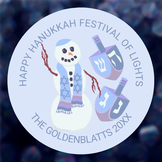 Snowman Dreidels Cute Blue Any Text Hanukkah Classic Round Sticker (Add any text you like using the two text templates and create your own Hanukkah round stickers)