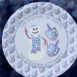 Snowman Dreidels Cute Blue Pattern Hanukkah Party Paper Plate<br><div class="desc">Personalized Hanukkah paper plates for your parties and family gatherings add a custom touch and make clean up afterwards a breeze. Easy to personalize, two sets of dark blue text curving above and below the main design can be edited to add your name and a Chanukah message or you can...</div>