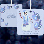 Snowman Dreidels Cute Double Sided Hanukkah Metal Ornament<br><div class="desc">These cute double sided Hanukkah ornaments are great as a treat for yourself or as thoughtful keepsakes for friends and family when exchanging gifts. Featuring a joyful Jewish snowman on the front along with two matching dreidels on a pale pastel blue background, the simple dark blue text at the bottom...</div>