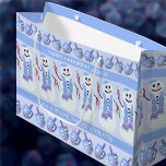 Snowman Dreidels Fun Blue And White Hanukkah Large Gift Bag<br><div class="desc">Personalize these fun blue and white Hanukkah gift bags for those extra special gifts during the eight crazy nights with family and friends. Rows of soft blue and purple dreidels accent the top and bottom of these large custom gift bags. A row of happy little Jewish snowmen around the middle...</div>