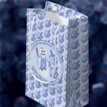 Snowman Dreidels Fun Blue Pattern Cute Hanukkah Small Gift Bag<br><div class="desc">Personalized Hanukkah gift bags are a fun way to present your gifts during the Festival of Lights. This small gift bag has an allover pattern of soft blue and dusty purple dreidels on a pastel blue background. One side features a circle edged in dark blue with two sets of curved...</div>