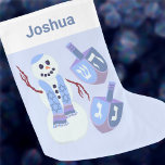 Snowman Dreidels Hanukkah For Kids Chrismukkah Large Christmas Stocking<br><div class="desc">Easy to personalize, this Hanukkah stocking is great for inter-faith families who celebrate both Christmas and Haanukkah. The happy waving Jewish snowman is set on a background of pale pastel blue, along with matching dreidels in soft blues and a touch of purple. A white "cuff" area at the top holds...</div>