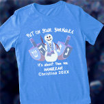 Snowman Dreidels Jewish Holiday Hanukkah Funny<br><div class="desc">This personalized funny Hanukkah T-Shirt is great as a treat for yourself or as a gift. Designed with white text for dark shirts, the main design is a snowman waving hello flanked by matching dreidels in blues and purple, one on each side. A whimsical handwritten font at the top and...</div>