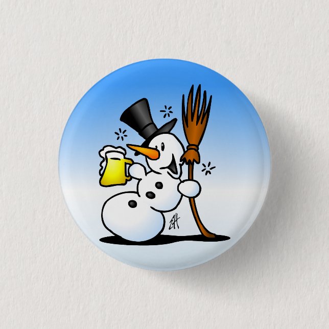 Snowman drinking a beer 1 inch round button (Front)