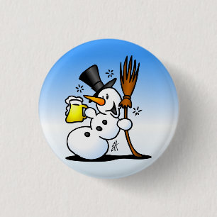 Snowman drinking a beer 1 inch round button
