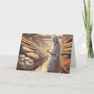 Snowman drinking cocoa in the bakery Christmas Card