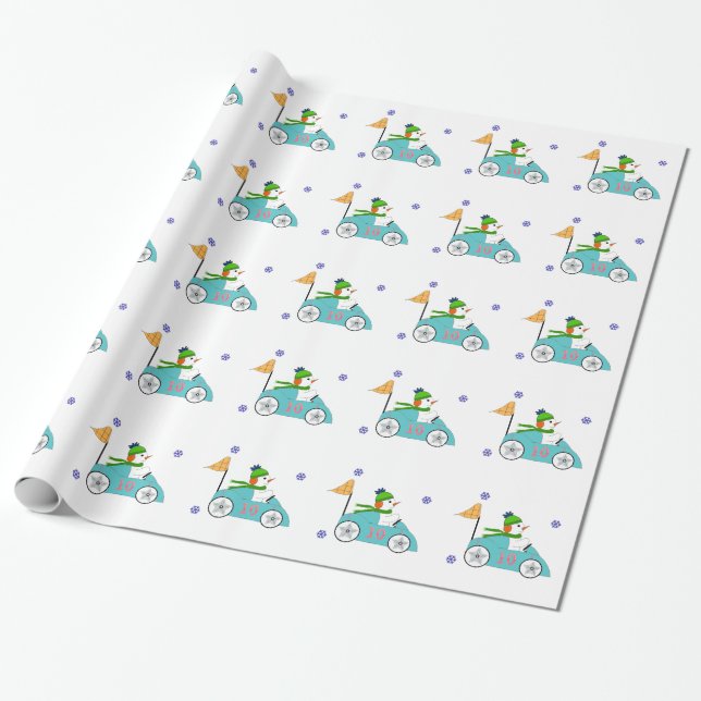 Snowman Driving His Race Car Wrapping Paper (Unrolled)