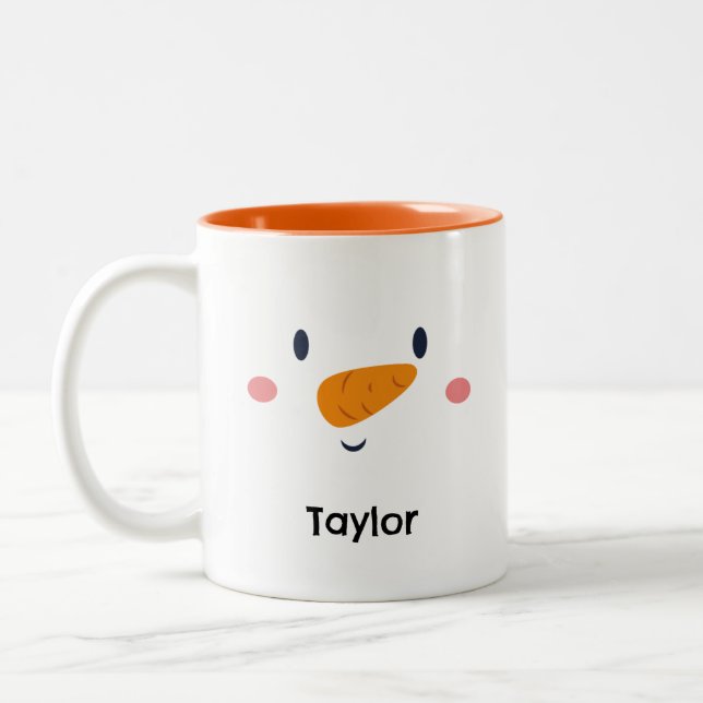 Snowman Face Personalized Name Holiday Two-Tone Coffee Mug (Left)