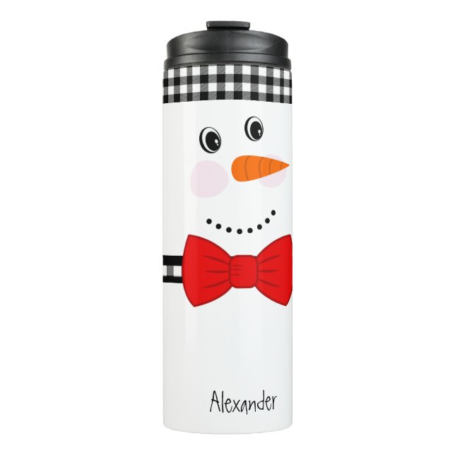 Snowman Face Purple Bowtie Black Buffalo Plaid  Thermal Tumbler (Front)