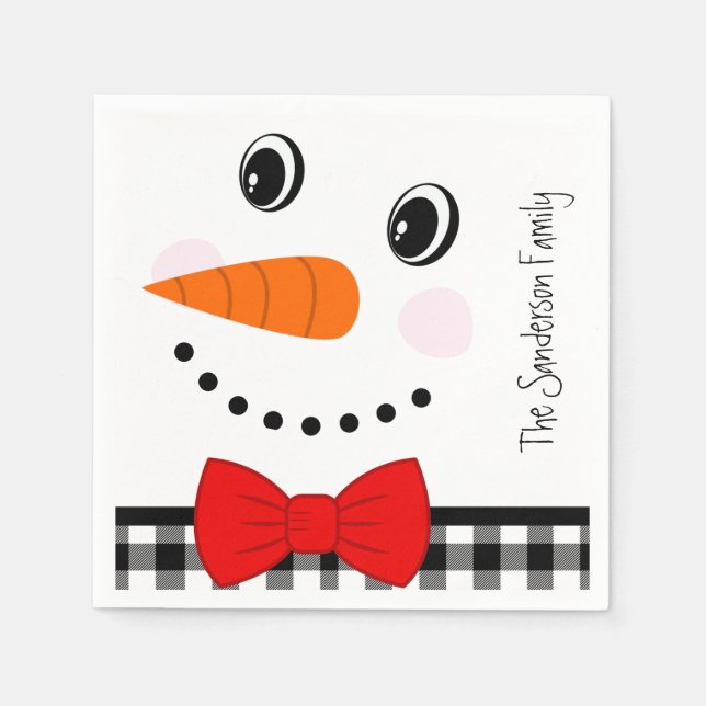 Snowman Face Red Bowtie Black Buffalo Plaid Trim   Napkin (Front)