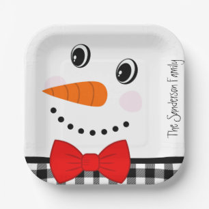 Snowman Face Red Bowtie Black Buffalo Plaid Trim   Paper Plate