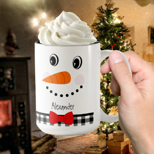 Snowman Face Red Bowtie Black Buffalo Plaid Trim Two-Tone Coffee Mug