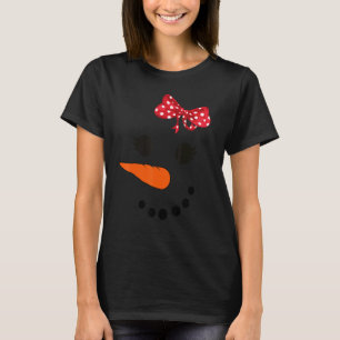Snowman Face With Carrot Nose Snowgirl Red Bow Gir T-Shirt