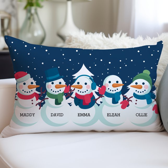 Snowman Family Christmas Personalized Name Holiday Lumbar Pillow (Creator Uploaded)