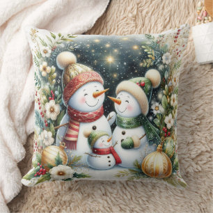 Snowman Family Christmas Throw Pillow