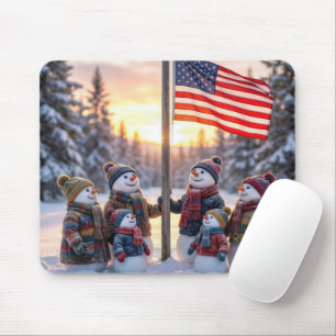 Snowman Family Gathering Around a Flagpole Mouse Pad