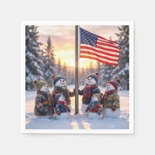 Snowman Family Gathering Around a Flagpole Napkin