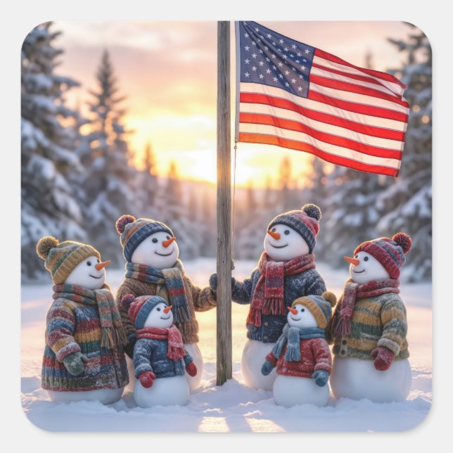 Snowman Family Gathering Around a Flagpole Square Sticker (Front)