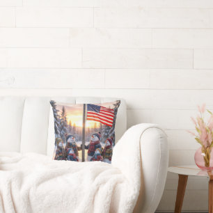 Snowman Family Gathering Around a Flagpole Throw Pillow