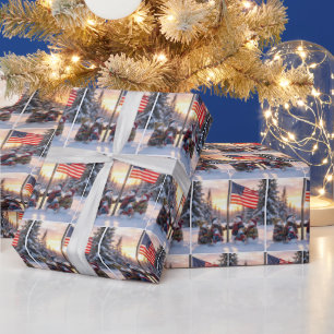 Snowman Family Gathering Around a Flagpole Wrapping Paper