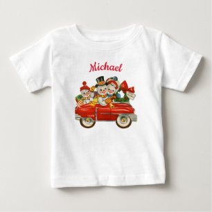Snowman family in car Christmas personalized name Baby T-Shirt