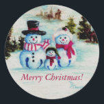 Snowman Family Merry Christmas Sticker<br><div class="desc">From an original aceo oil painting by Brenda Thour of a snowman family of three that are actually made of jingle bells. Copyright by Brenda Thour 2008.</div>