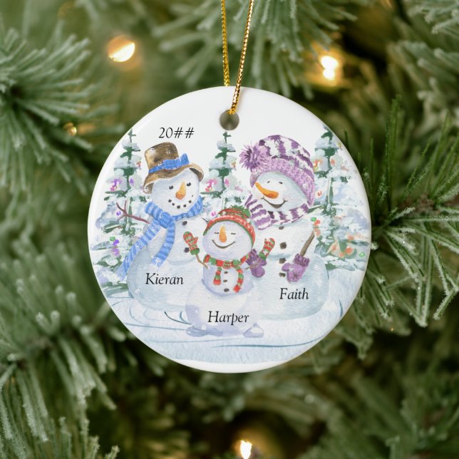 Snowman Family of 3 Cute Personalized Christmas Ceramic Ornament (Tree)