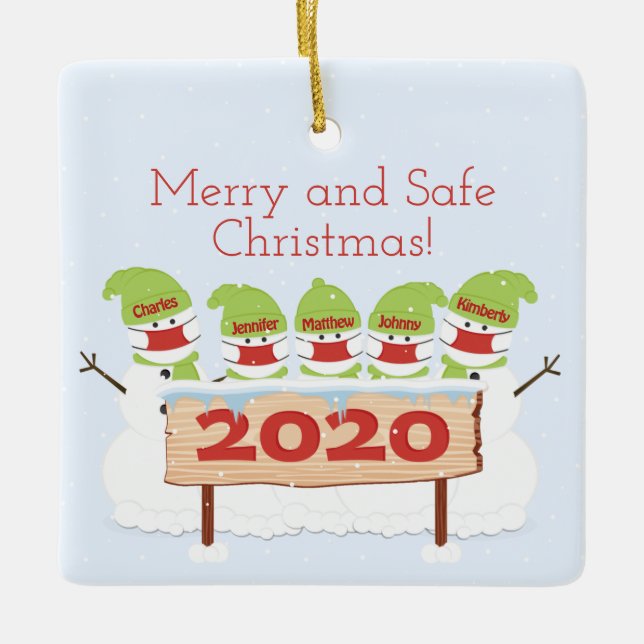 Snowman Family of Five Face Mask Christmas 2020 Ceramic Ornament (Front)