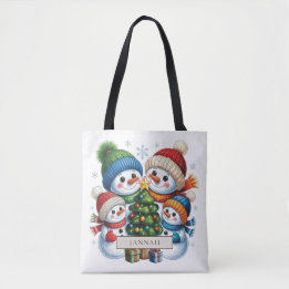 Snowman Family of Four Christmas Tree Name Tote Bag