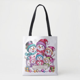 Snowman Family of Six Pink Purple Christmas Name Tote Bag