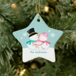 Snowman Family of Three Christmas Holidays Ceramic Ornament<br><div class="desc">Custom Christmas ornament featuring an adorable and unique vector illustration  of a couple of snowmen kissing in the snow on a winter blue background. Personalize it with your names,  wedding anniversary date,  or any text of your choice to make the perfect First Christmas  or couple ornament keepsake.
  ©Sanqunetti Design</div>