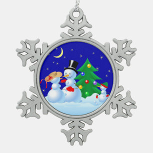 Snowman Family Snowflake Pewter Christmas Ornament