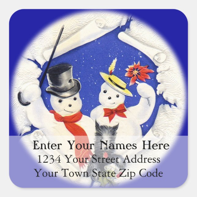 Snowman Family Vintage Christmas Address Label (Front)