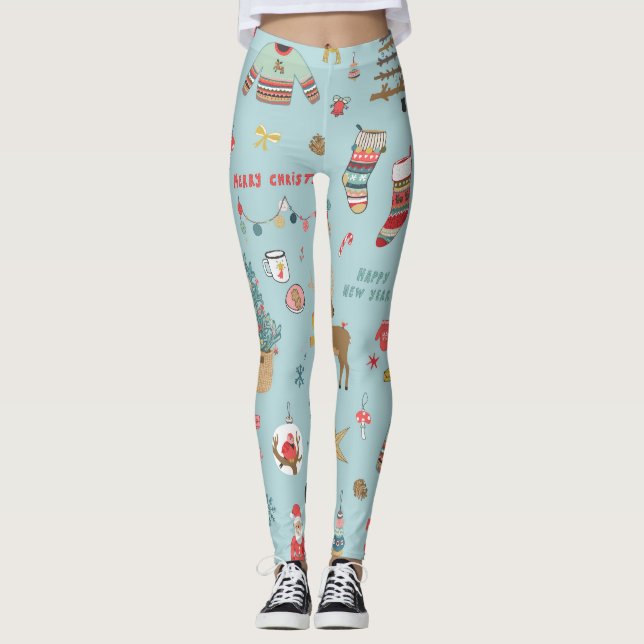 Snowman Fir-Tree Christmas Wrapping Pattern Leggings (Front)