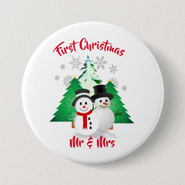 Snowman First Christmas Mr / Mrs Holiday 3 Inch Round Button (Front)
