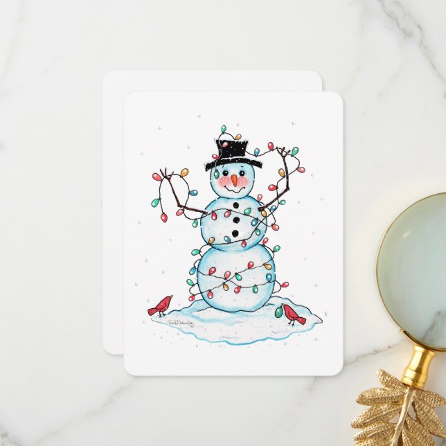 Snowman Flat Card, Fun Festive Snowman with Lights Thank You Card (Front/Back In Situ)