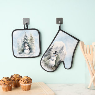 Snowman Forest Trees Snow Green Blue Oven Mitt & Pot Holder Set