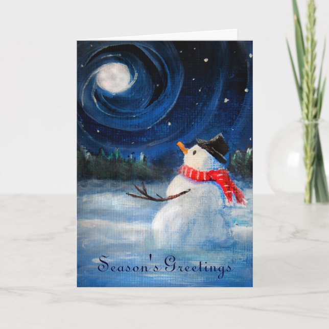 Snowman Gazes at Night Sky & Moon - Folk Painting Holiday Card (Front)