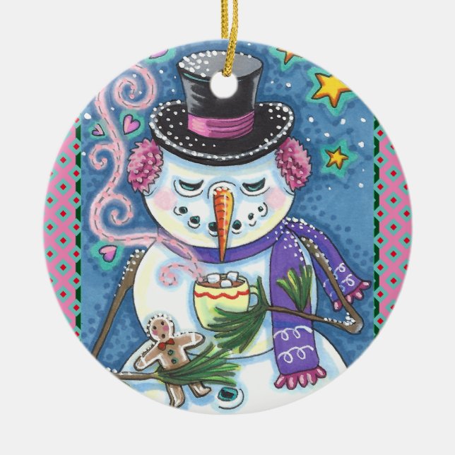 SNOWMAN, GINGERBREAD MAN & MUG OF HOT CHOCOLATE CERAMIC ORNAMENT (Front)