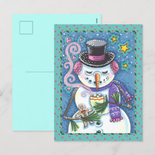 SNOWMAN, GINGERBREAD MAN & MUG OF HOT CHOCOLATE HOLIDAY POSTCARD